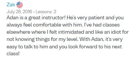Original Verbling review by Zak, July 28, 2016. He describes feeling comfortable asking questions and looking forward to the next class.